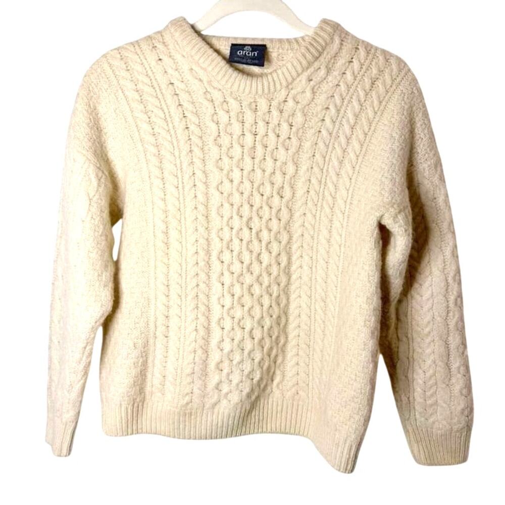 Aran Woollen Mills Ecru Merino Wool Traditional Irish Jumper Cable Sweater sz XS